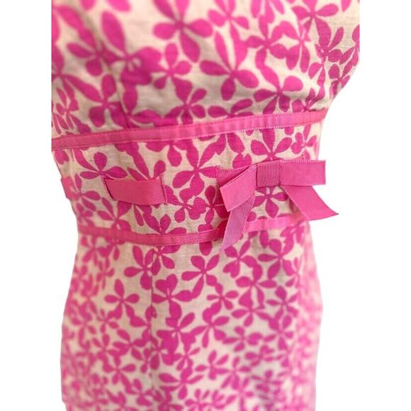 Maggy London Tea Dress 4 Floral Sleeveless Sheath Linen Pink Ribbon Bow - Picture 3 of 10